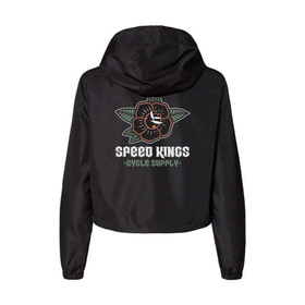 Black jacket with 'Speed Kings Cycle Supply' logo on the back against a white background