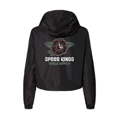 Black jacket with 'Speed Kings Cycle Supply' logo on the back against a white background