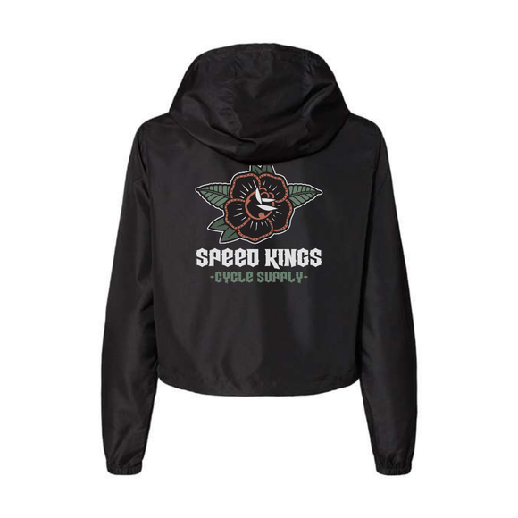 Black jacket with 'Speed Kings Cycle Supply' logo on the back against a white background