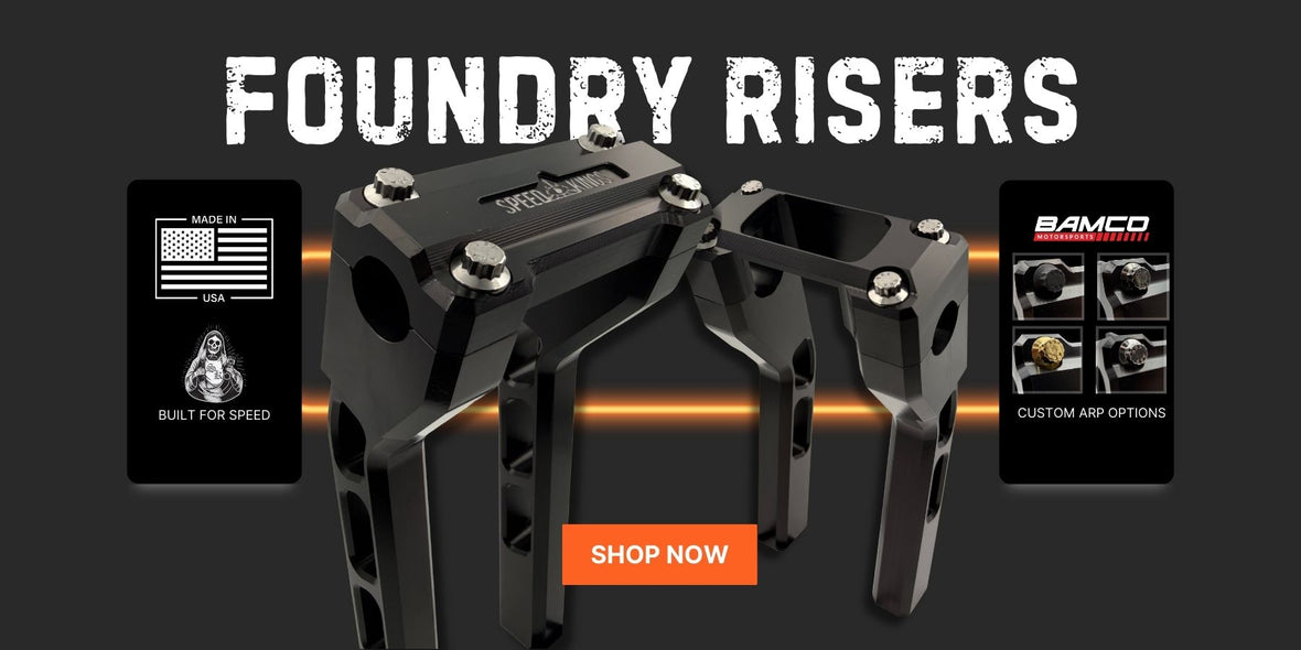 Foundry risers with 'Shop Now' button on a dark background