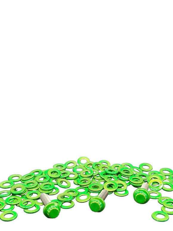 Bamco ARP stainless steel bolts for Harley‑Davidson with bright green washers scattered on white background