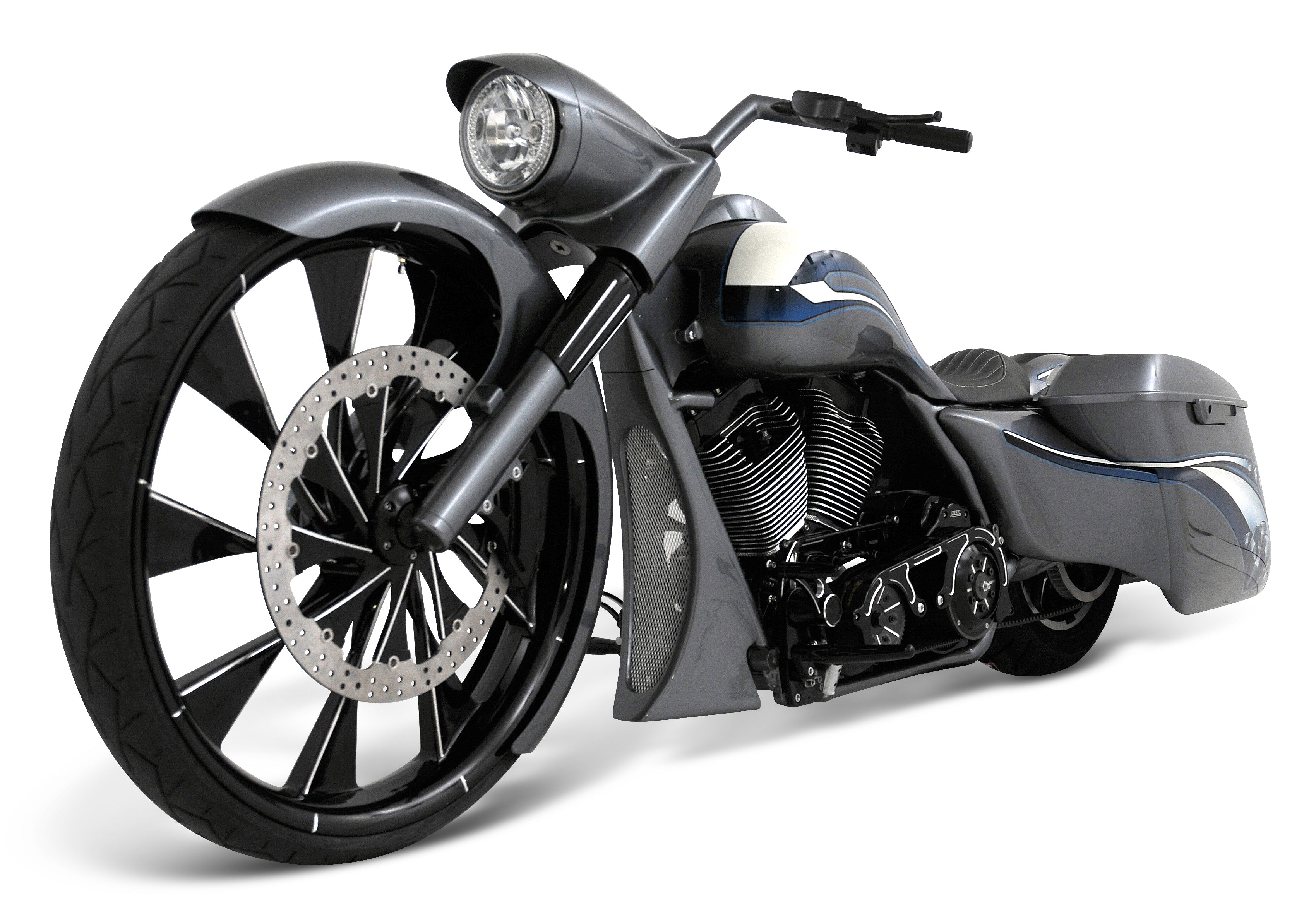 RWD V-Twin rwd-50124 gray bagger motorcycle with 30-inch front wheel and extended saddlebags