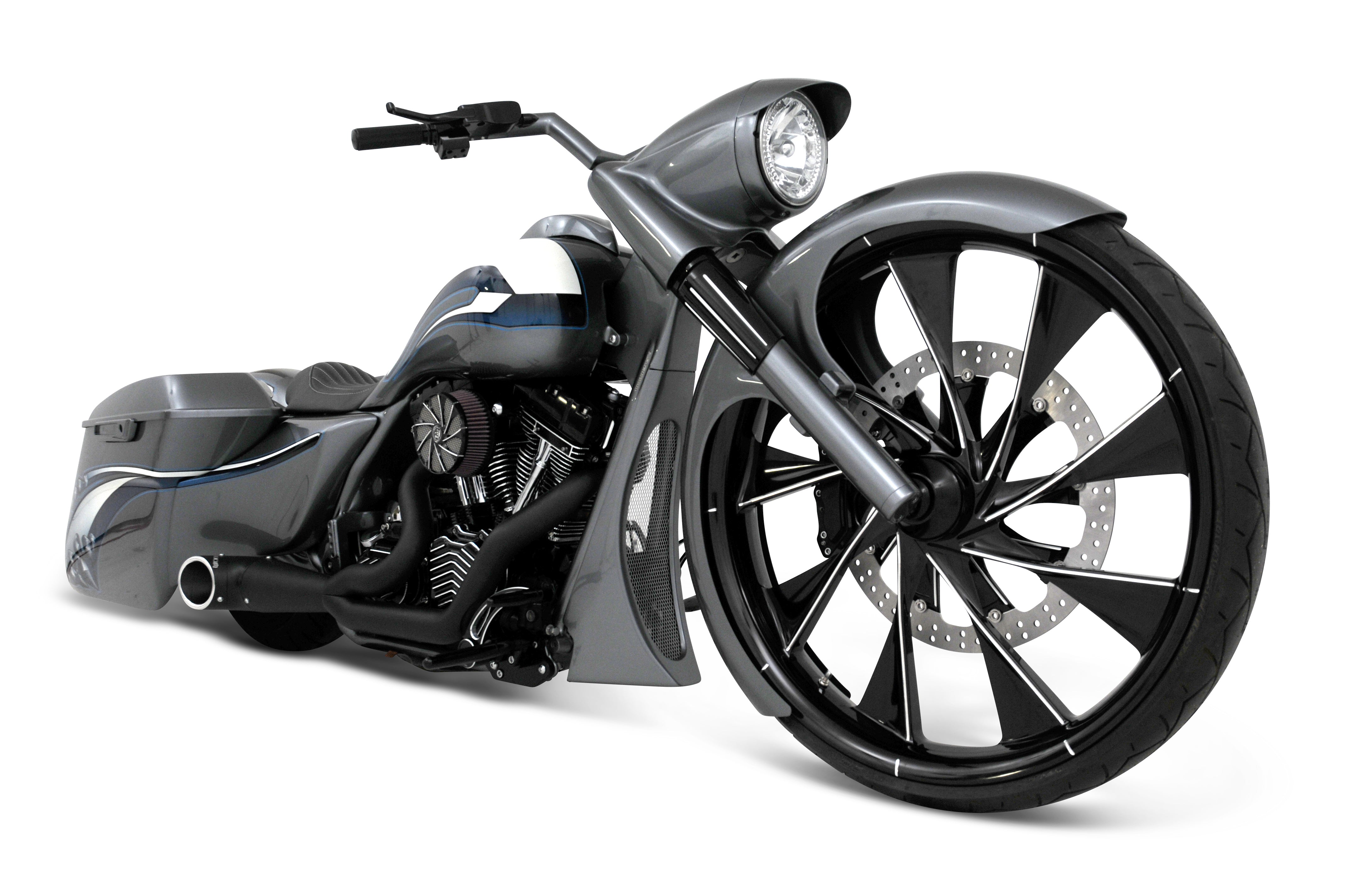 RWD V-Twin RWD-50124 gray custom bagger motorcycle with 30-inch front wheel