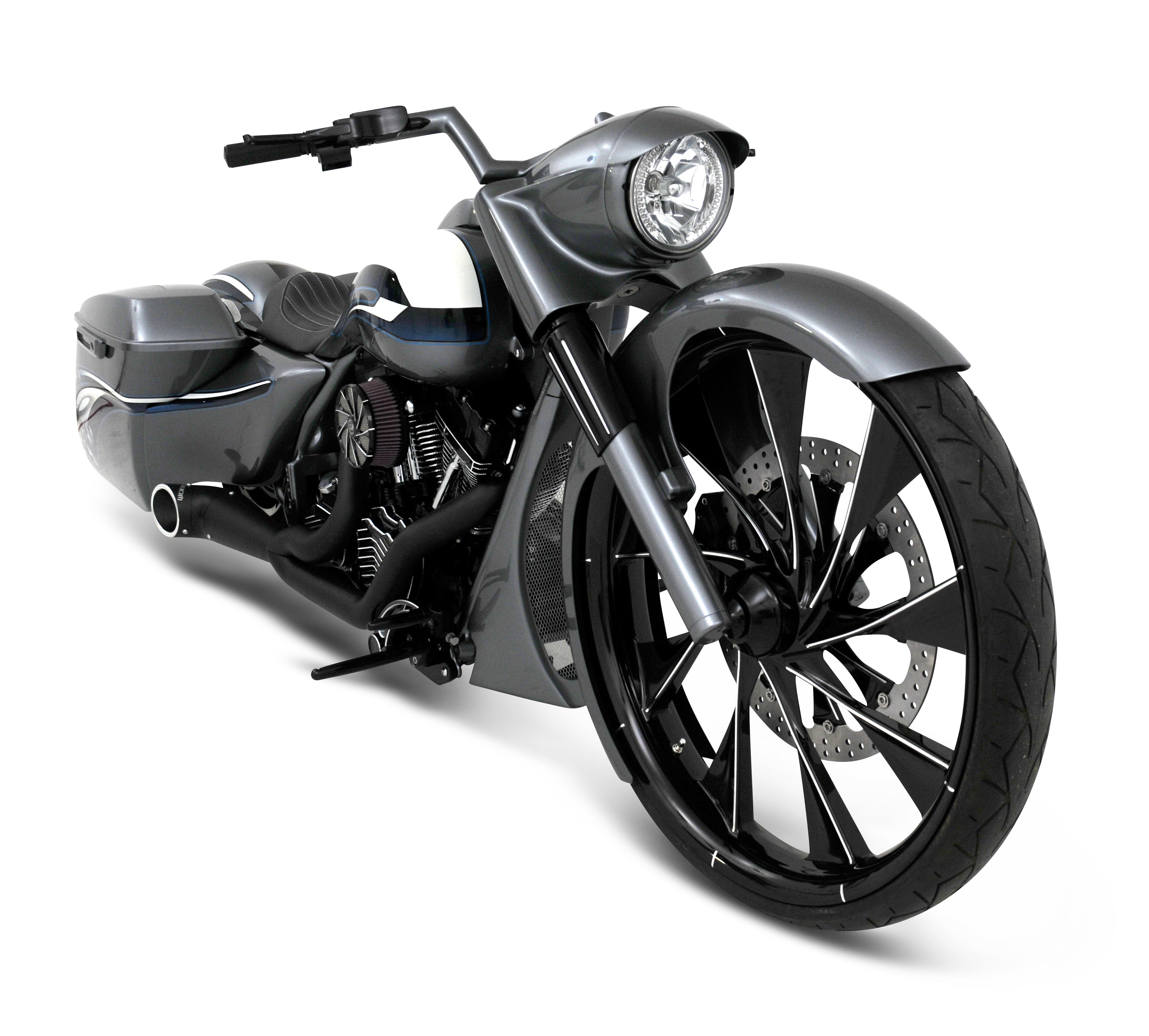 RWD V-Twin RWD-50124 gray bagger motorcycle front view with 30-inch spoked front wheel