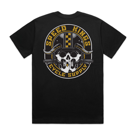 Black t-shirt with 'Speed Kings Cycle Supply' graphic on a white background