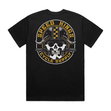 Black t-shirt with 'Speed Kings Cycle Supply' graphic on a white background