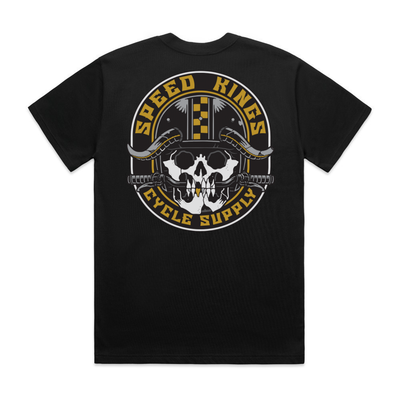 Black t-shirt with 'Speed Kings Cycle Supply' graphic on a white background