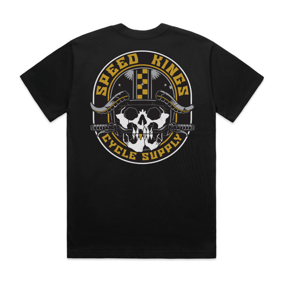 Black t-shirt with 'Speed Kings Cycle Supply' graphic on a white background
