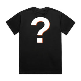 Black mystery t-shirt with a large white question mark on a white background