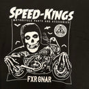 A black short-sleeve t-shirt featuring a white graphic print of a skeleton riding a motorcycle, with the text 'SPEED-KINGS' and 'FXR GNAR'.