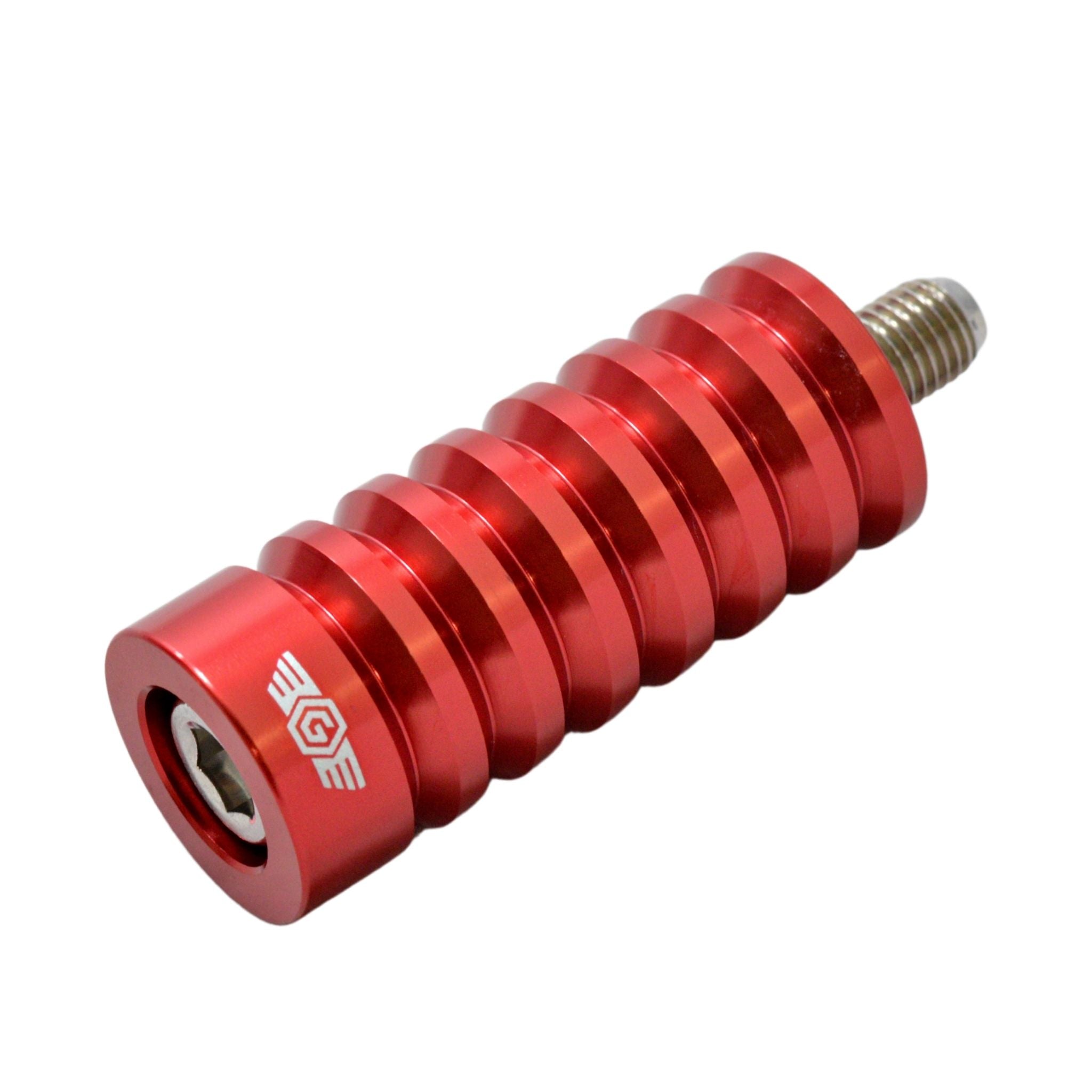 Red anodized Indian motorcycle shifter peg with ribbed grip and threaded stud