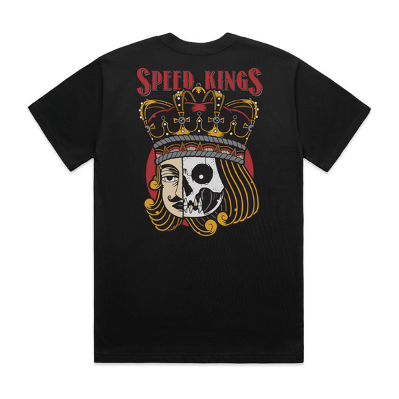 Black t-shirt with a skull and crown design and 'Speed Kings' text on a white background