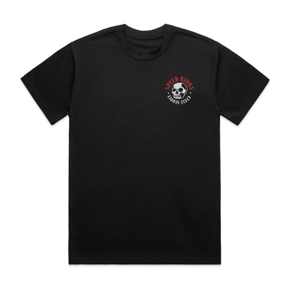 Black t-shirt with speed kings cycle supply logo on the chest with a skull design against a white background