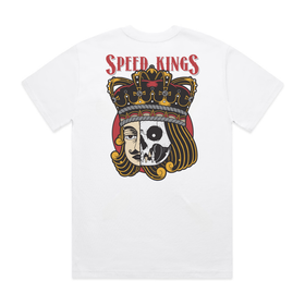 White t-shirt with Speed Kings Motorcycle Supply design on a white background