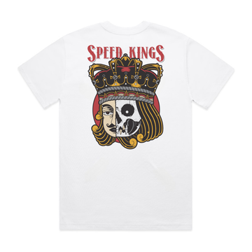 White t-shirt with Speed Kings Motorcycle Supply design on a white background