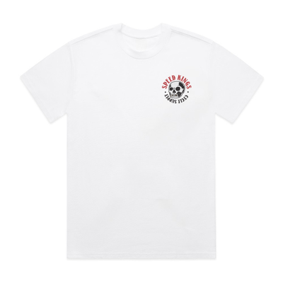 White t-shirt with speed-kings logo on the chest against a white background