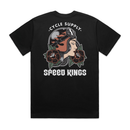 Black t-shirt with tattoo inspired lady luck woman in motorcycle helmet with roses graphic design and text on a white background