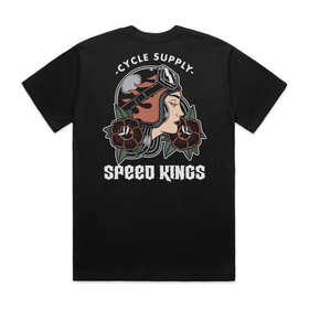 Black t-shirt with tattoo inspired lady luck woman in motorcycle helmet with roses graphic design and text on a white background