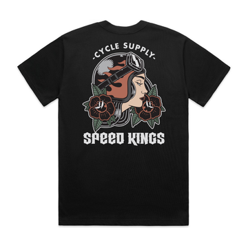 Black t-shirt with tattoo inspired lady luck woman in motorcycle helmet with roses graphic design and text on a white background