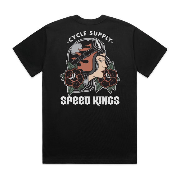 Black t-shirt with tattoo inspired lady luck woman in motorcycle helmet with roses graphic design and text on a white background