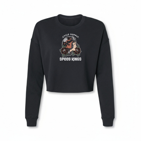 Black moto sweatshirt with tattoo inspired lady luck graphic design and text on a white background