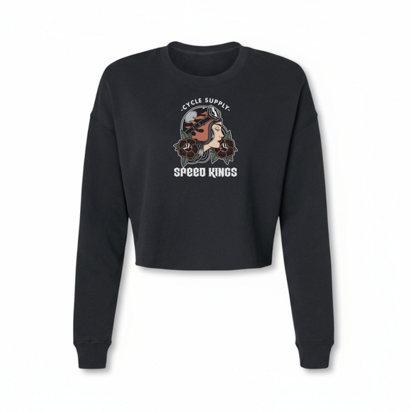 Black moto sweatshirt with tattoo inspired lady luck graphic design and text on a white background