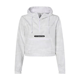 White cropped hoodie with a logo on a white background