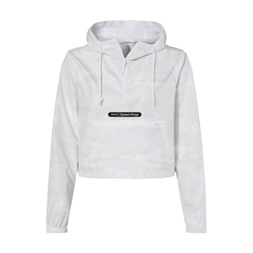 White cropped hoodie with a logo on a white background