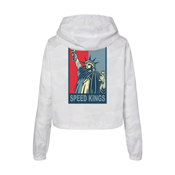 White weatherproof womens anorak jacket with a graphic of the Statue of Liberty and 'Speed Kings' text on the back, on a white background.