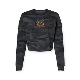 Womens Moto Crop Top Sweatshirt in black camo with Speed-Kings Lucky Cat design