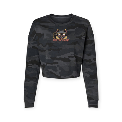 Womens Moto Crop Top Sweatshirt in black camo with Speed-Kings Lucky Cat design