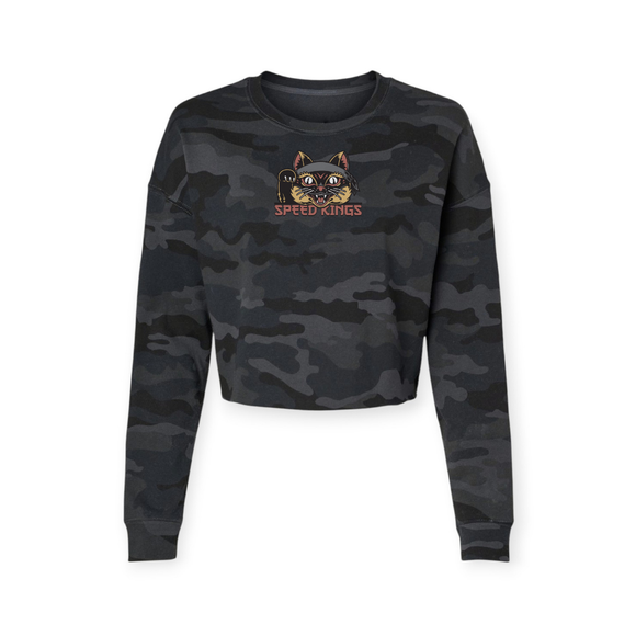 Womens Moto Crop Top Sweatshirt in black camo with Speed-Kings Lucky Cat design