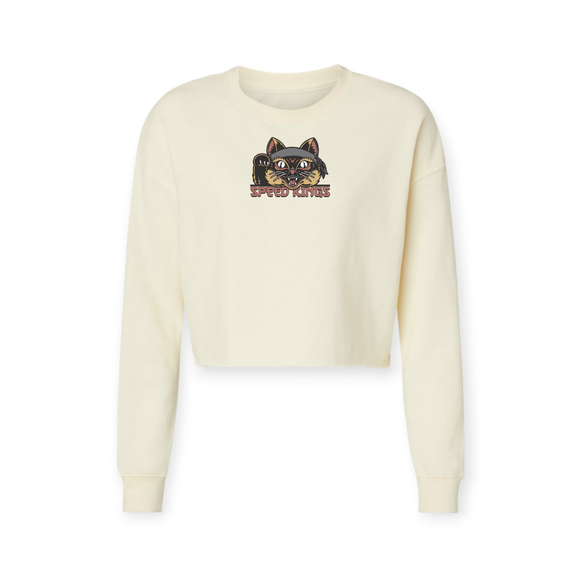 Bone color womens moto sweatshirt with a lucky cat graphic and speed-kings text on a white background