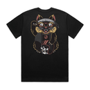 Black t-shirt with a graphic of a cat and a skull wearing a motorcycle helmet by Speed Kings Cycle Supply