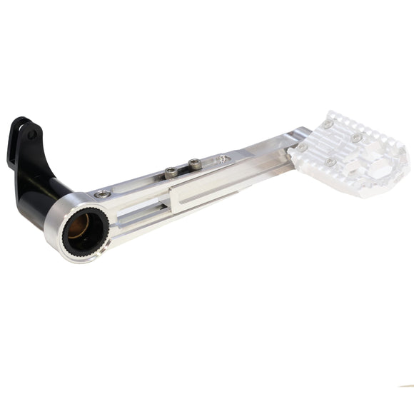 M8 Bagger Touring polished aluminum brake arm with clear billet foot peg