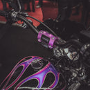 Purple M8 Softail handlebar riser clamp with numeric-analog gauge