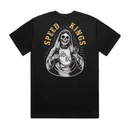 Black t-shirt with a graphic design of a skeleton Mary holding a piston and 'Speed Kings' text on a white background