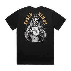 Black t-shirt with a graphic design of a skeleton Mary holding a piston and 'Speed Kings' text on a white background
