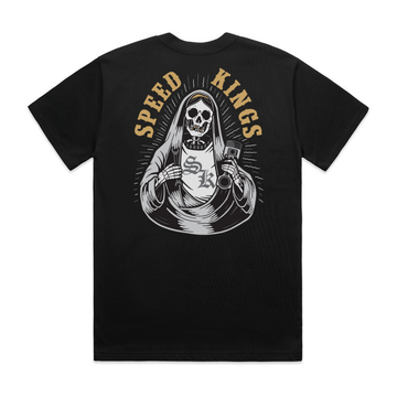 Black t-shirt with a graphic design of a skeleton Mary holding a piston and 'Speed Kings' text on a white background