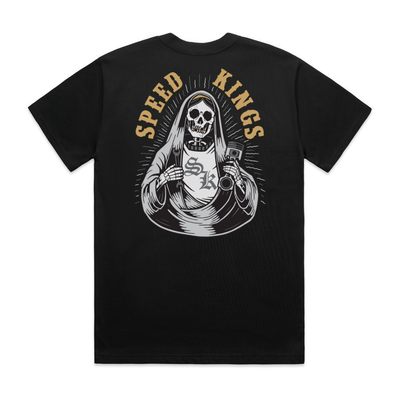 Black t-shirt with a graphic design of a skeleton Mary holding a piston and 'Speed Kings' text on a white background