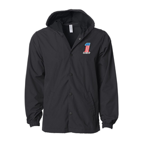 Black waterproof hooded jacket with a Speed-Kings #1 logo on the chest against a white background