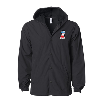 Black waterproof hooded jacket with a Speed-Kings #1 logo on the chest against a white background