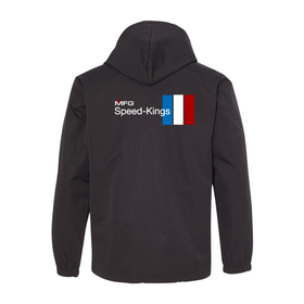 Black jacket with 'MFG Speed-Kings' logo on the back against a white background