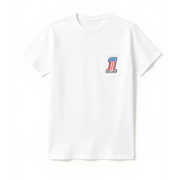 Number One Red White Blue Speed-Kings Logo Pocket Tee in White
