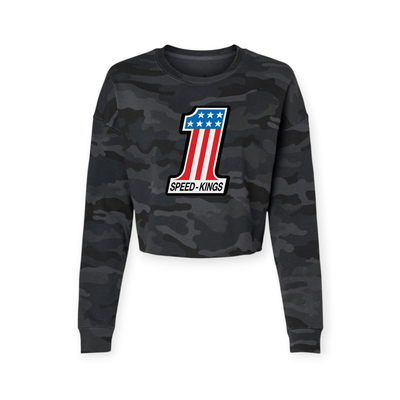 Camouflage Black speed kings womens crop top sweatshirt with a number one logo and 'Speed-Kings' text on a white background