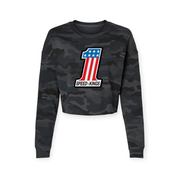 Camouflage Black speed kings womens crop top sweatshirt with a number one logo and 'Speed-Kings' text on a white background