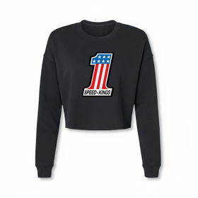 Black speed kings womens crop top sweatshirt with a large number '1' design featuring stars and stripes on a white background