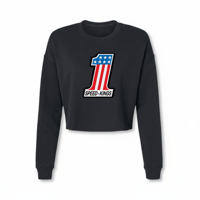 Black speed kings womens crop top sweatshirt with a large number '1' design featuring stars and stripes on a white background
