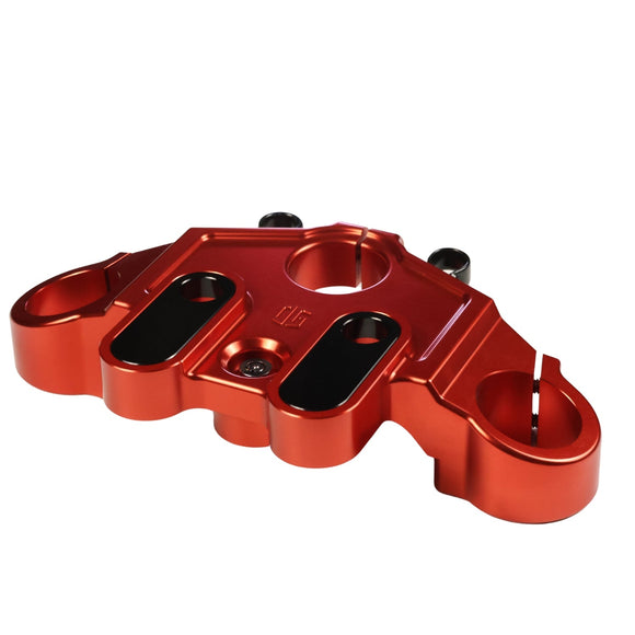 Red anodized Drop 1 top triple tree clamp for Harley Touring 2014–2023