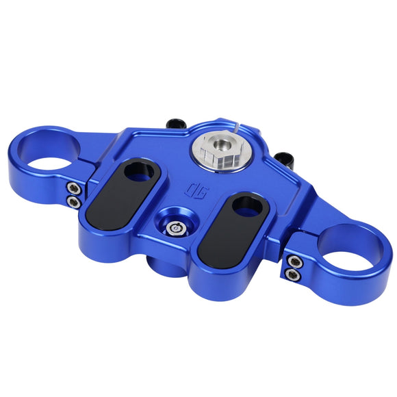 Blue anodized motorcycle upper triple tree clamp for touring bikes